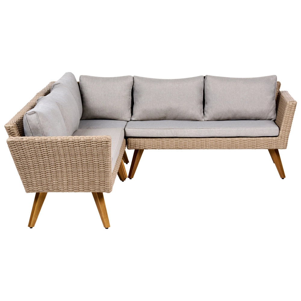 Set da giardino in rattan PE chiaro, divano angolare a 6 posti con cuscini grigi e tavolino da caffè, stile country per esterni