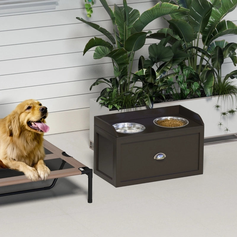 Futterstation rialzata per cani con 2 ciotole in acciaio inox e cassetto, 60 x 30 x 36 cm, marrone