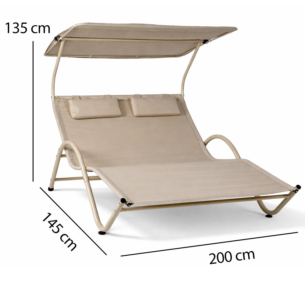 Lettino Lounge 2 Posti da Esterno Sabbia Tetto Parasole Anti UV Giardino Patio