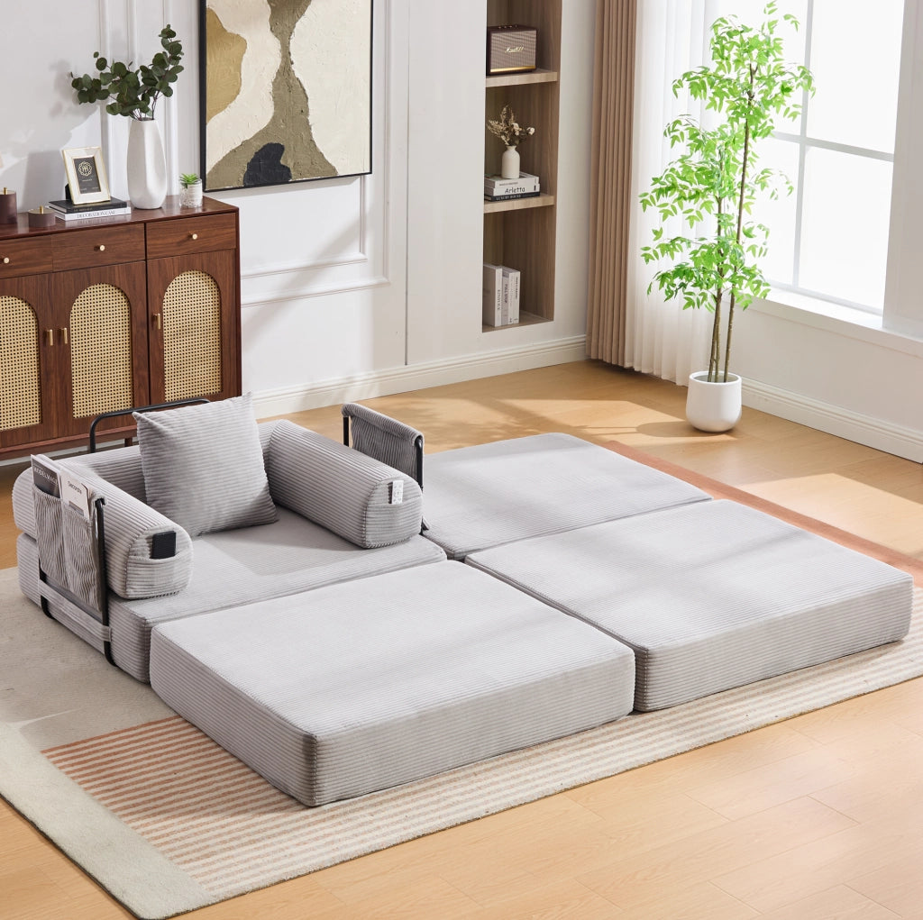 Divano modulare in velluto a coste con pouf grigio chiaro