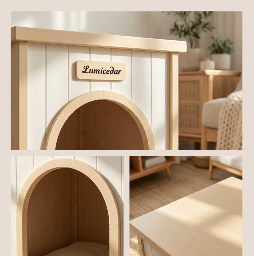 Cuccia per cani in legno con cuscino rimovibile; bianco crema