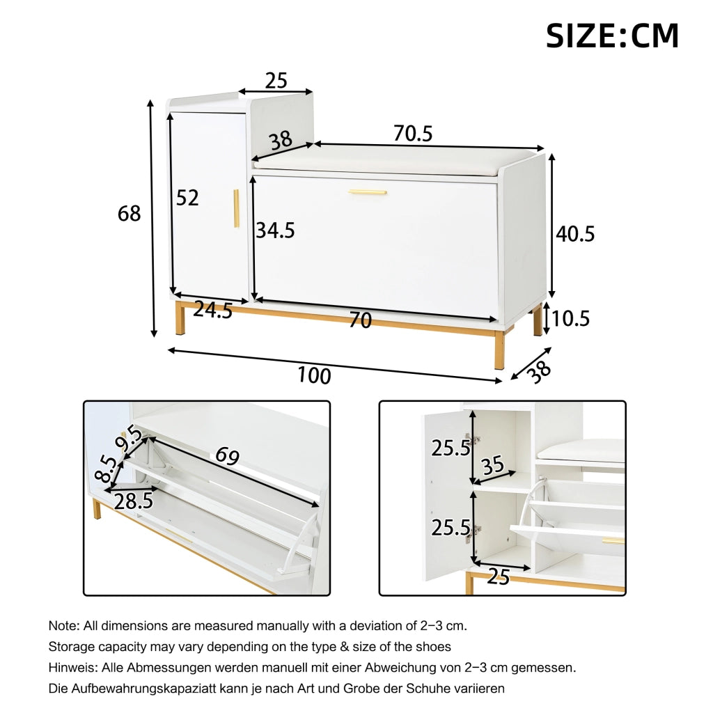 Scarpiera con panca 100 x 38 x 68 cm; 2 ripiani; 1 armadietto; finitura lucida bianco e oro