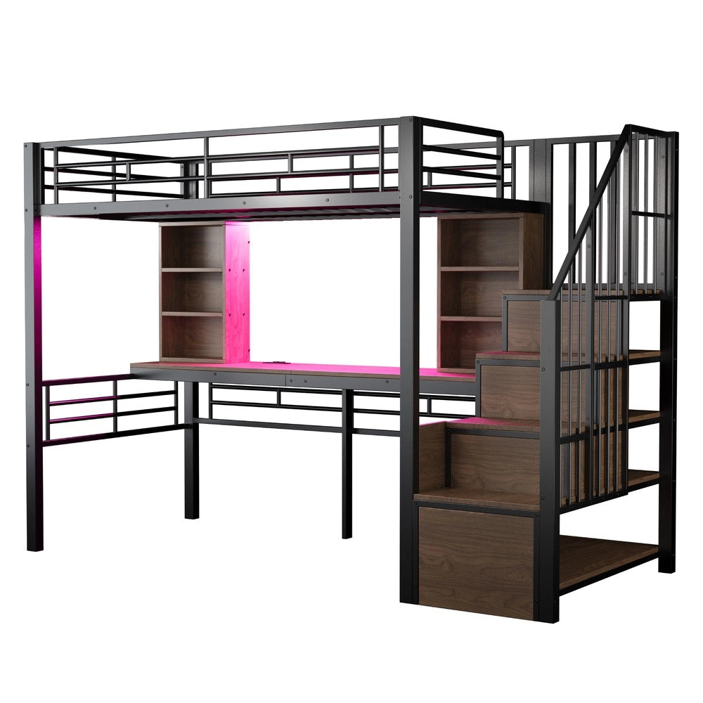 Letto a Soppalco 90x200 con Scrivania, LED e Scala Contenitore ¨C Xylo ¨C Nero, Metallo