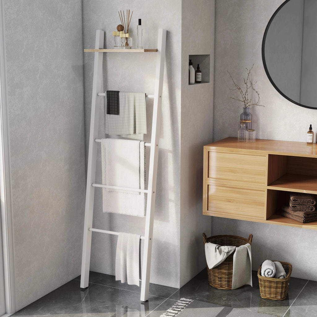 Scala Portasciugamani con Ripiano e 4 Barre ¨C zephmum ¨C Bianco e Rovere 43x20x151 cm