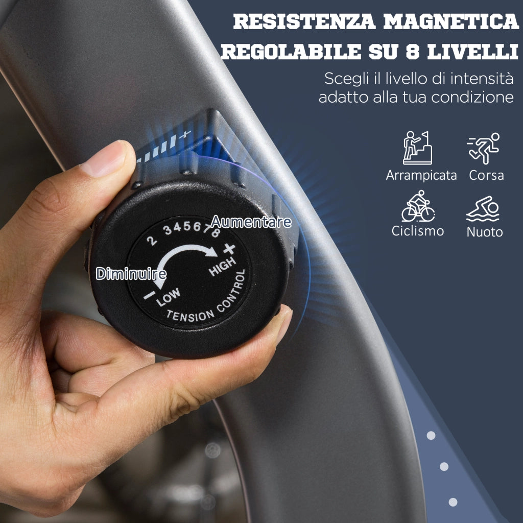 Cyclette Orizzontale con Seduta Regolabile. 8 Resistenze e Monitor LCD. 121.5-136x62.5x98cm. Grigio