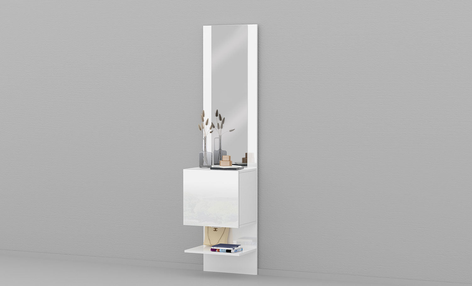 Mobile Ingresso Specchio e Armadietto 45x35x191 cm Kompact Bianco Lucido