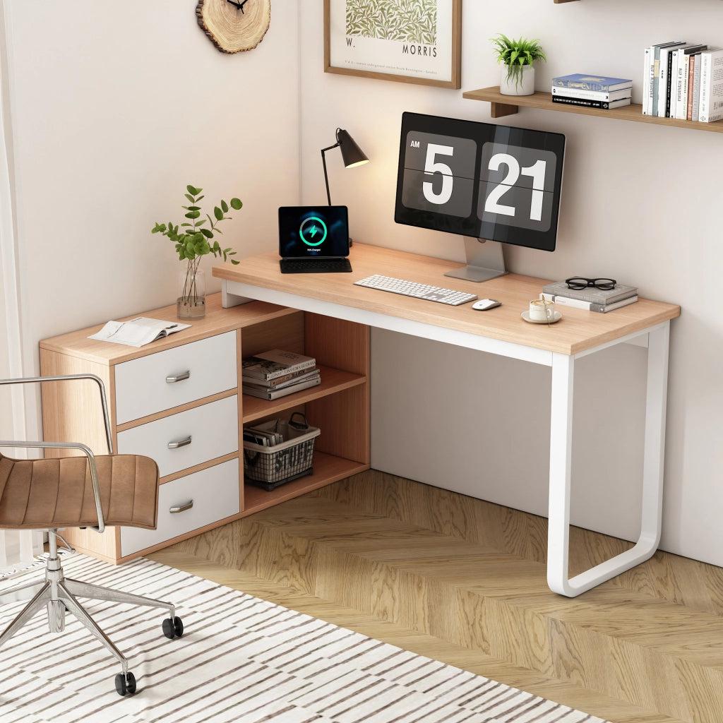 Scrivania lineare con 3 cassetti e 2 vani aperti, struttura in MDF e metallo, finitura naturale e bianco per ufficio