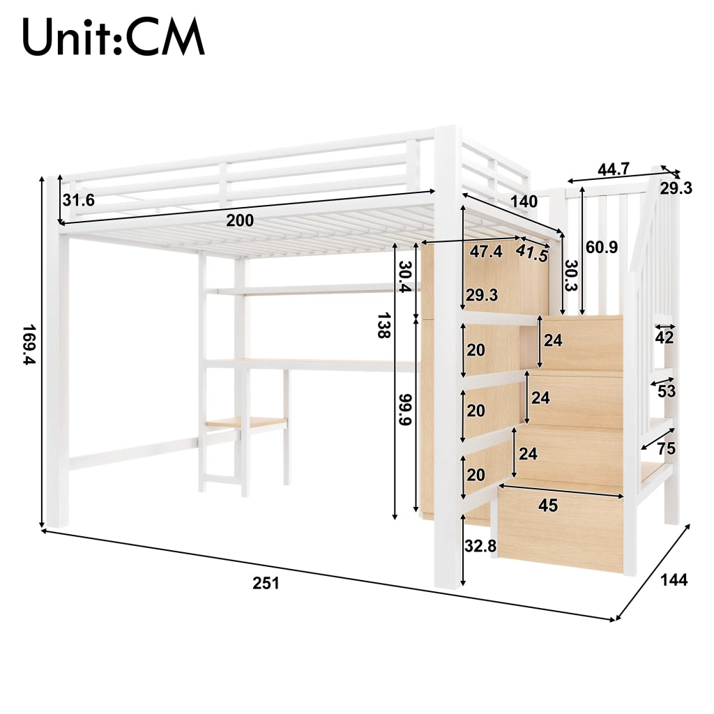 Letto a soppalco 140 × 200 cm con scrivania, armadio, scala contenitore e LED, senza materasso, in metallo, bianco