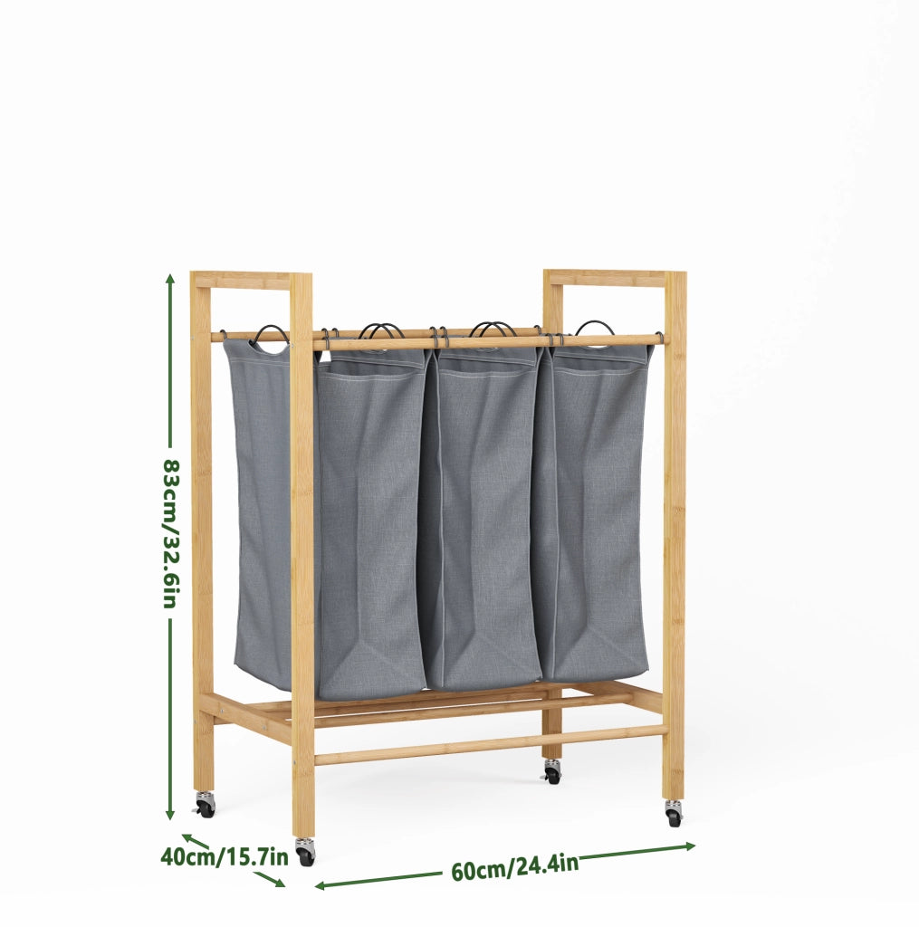 Cesto portabiancheria 83x62x40 cm con 3 scomparti; ruote e sacco rimovibile in bamboo; naturale e charcoal