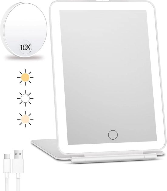 Specchio da trucco portatile con illuminazione a 3 colori, caricabile, 10x ingrandimento, 49 LED, regolabile con tocco, modello da tavolo con chiusura a cerniera.