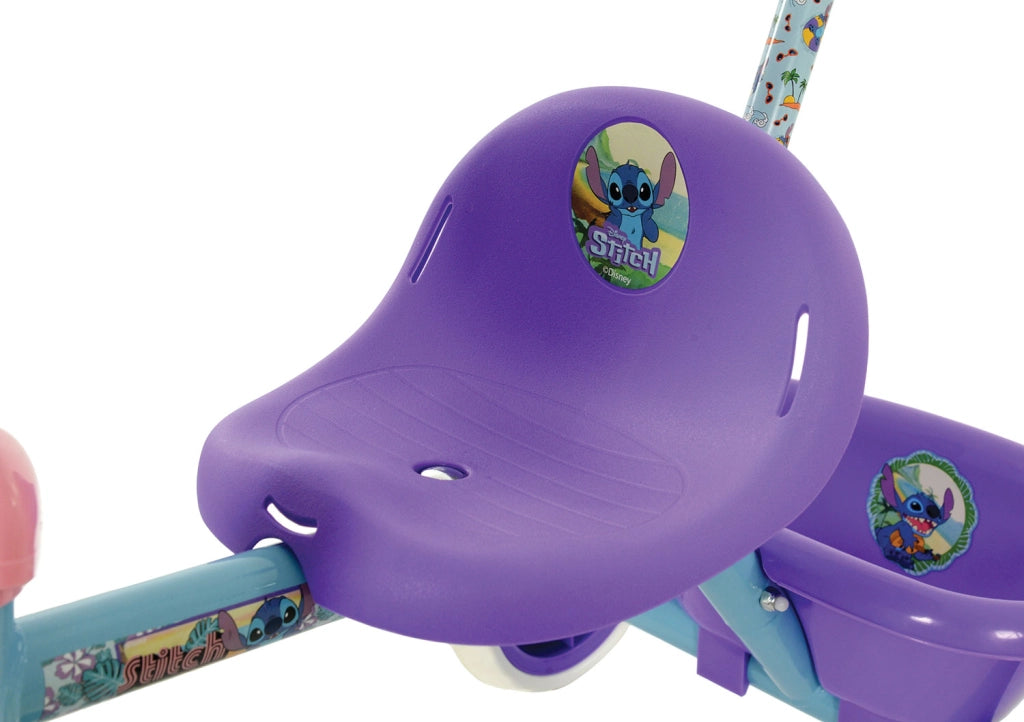 Triciclo a Pedali Primi Passi per Bambini con Maniglione Genitoriale Rimovibile e Vano Contenitore Disney Stitch Viola
