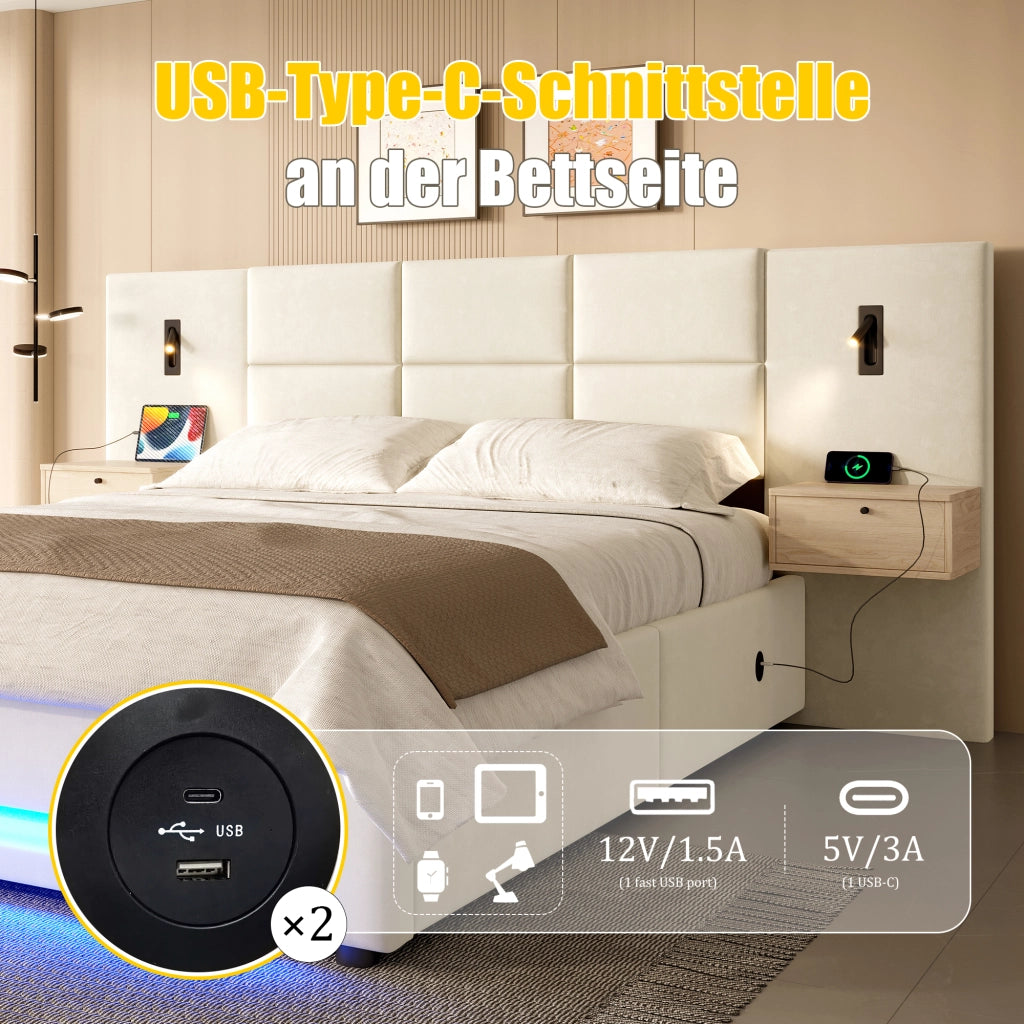 LETTO Contenitore 160x200 cm in velluto beige con testiera ampia, LED e USB-C