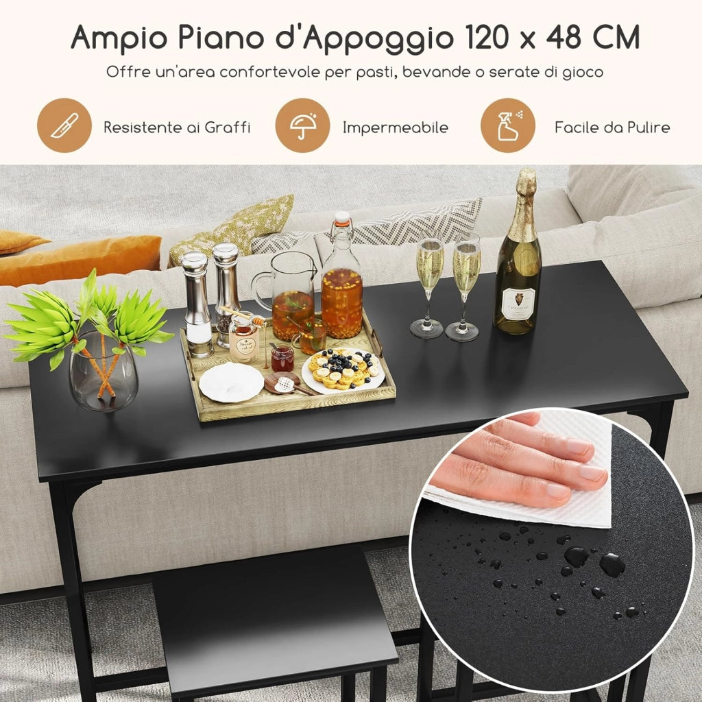 Tavolo con 2 Sgabelli in Metallo e Legno, Set da Pranzo 3 Pezzi, Tavolo Rettangolare da Cucina con 2 Sedie per Sala da Pranzo, Appartamento e Bistro, Stile Retrò (Nero)