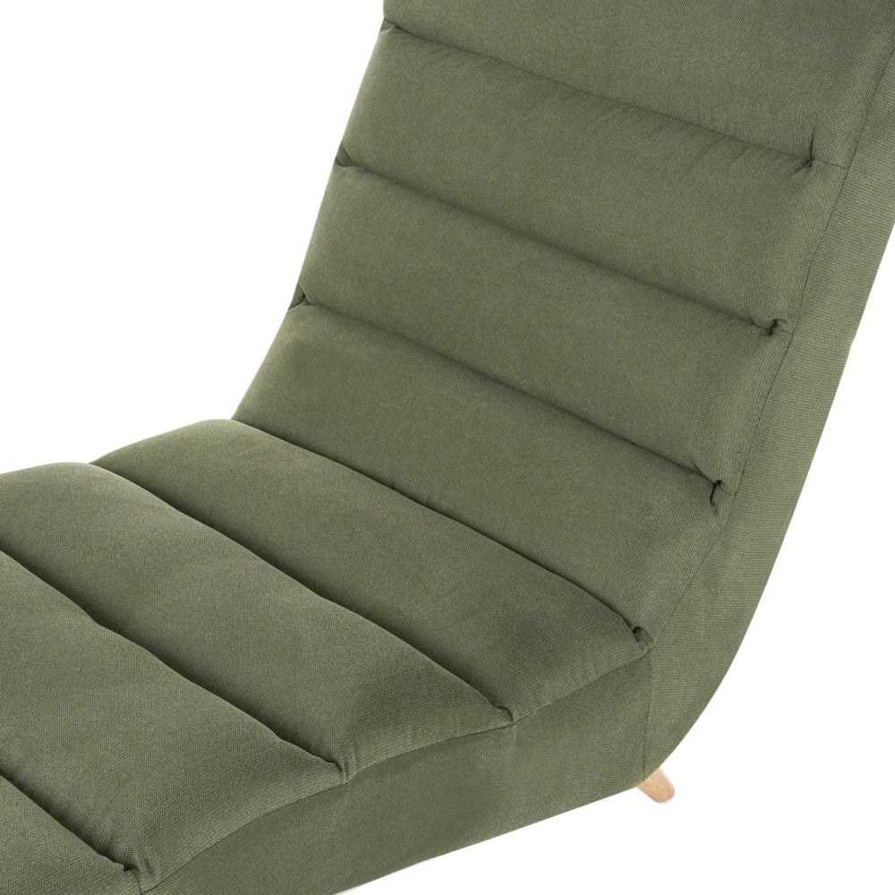 Chaise longue in tessuto verde per soggiorno, per il relax, con gambe effetto legno, stile scandinavo moderno