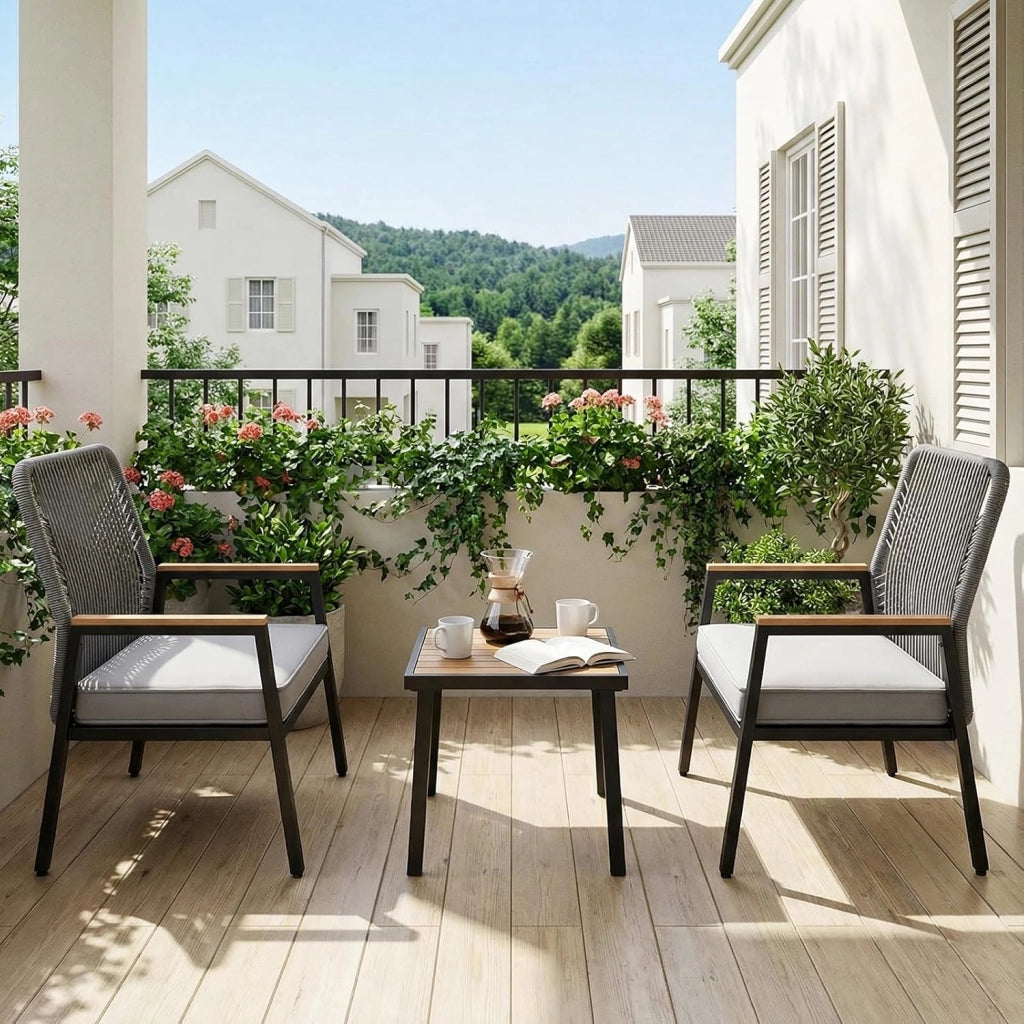Set di mobili da giardino, Set da 3 sedie da giardino in rattan, 2 sedie da patio con tavolino, fino a 160 kg, resistenti alle intemperie, braccioli in WPC, per patio, giardino, veranda,Grigio