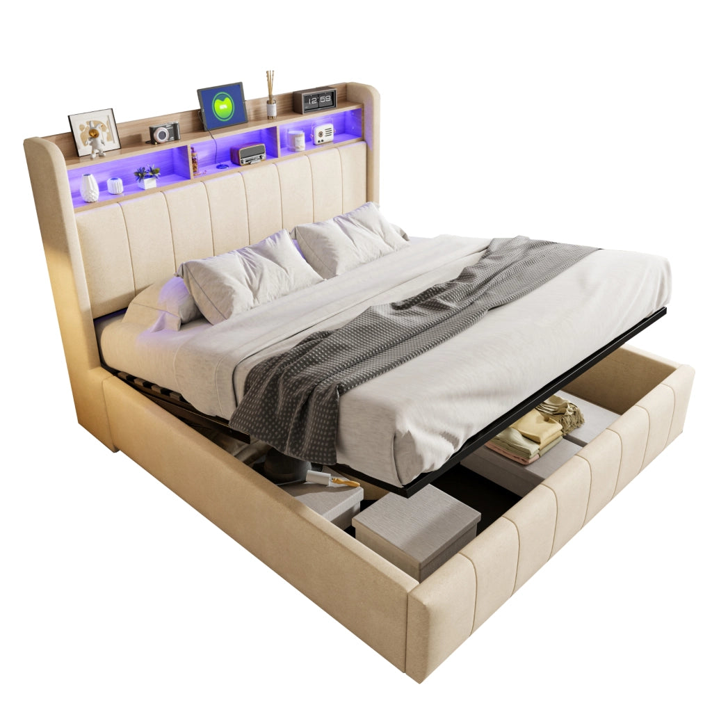 Letti contenitori 160x200 cm con LED e vano contenitore; tessuto in lino; beige