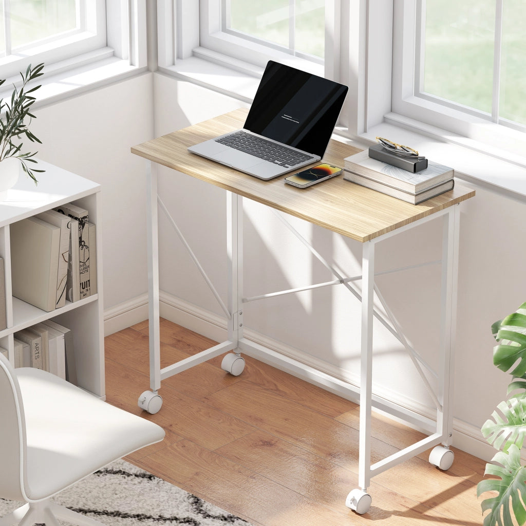 Scrivania Pieghevole con Ruote e Cassetti ¨C zephmum ¨C 80x40x75 cm Legno Bianco