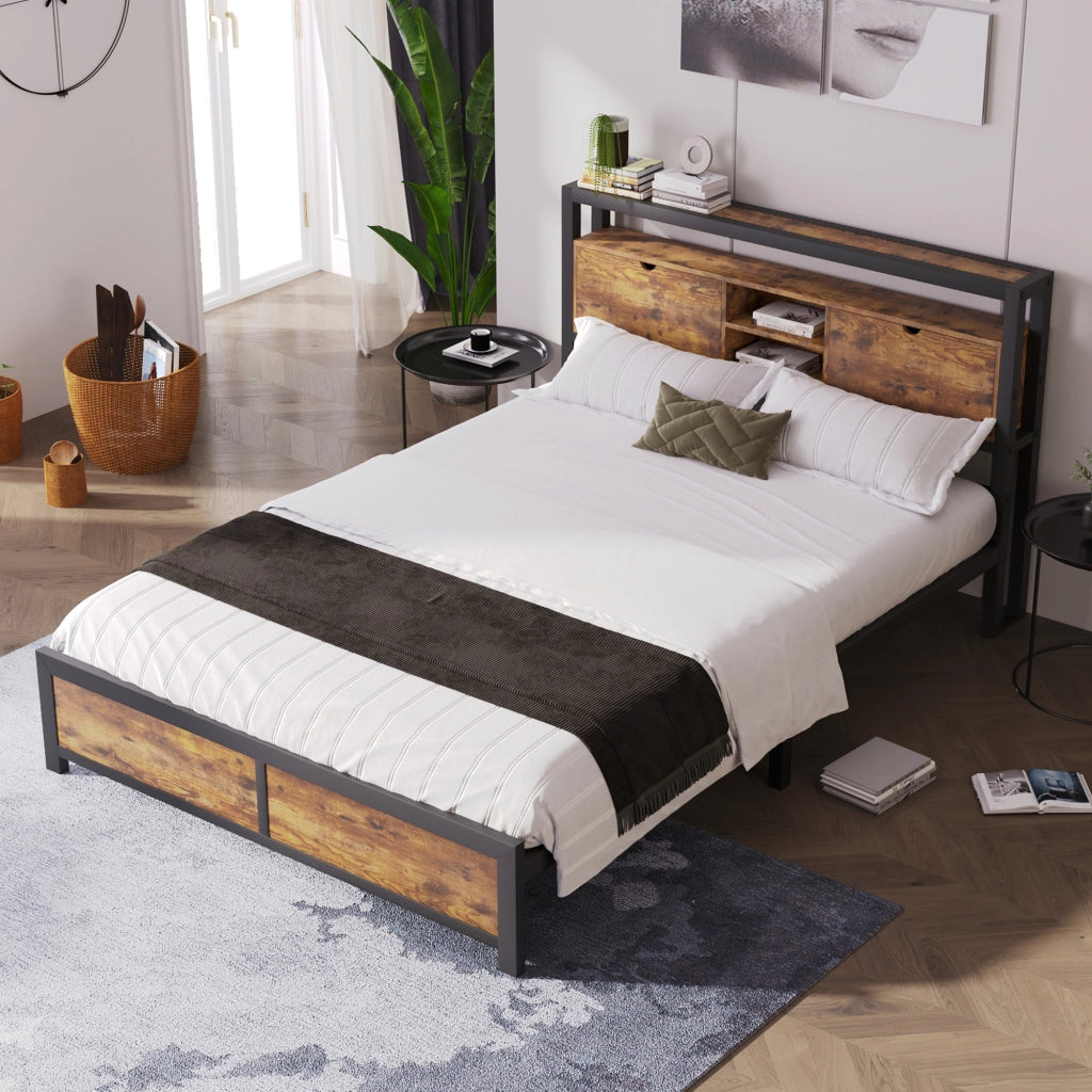 LETTO Matrimoniale 140x200 cm in Metallo e Legno Naturale con testiera portaoggetti