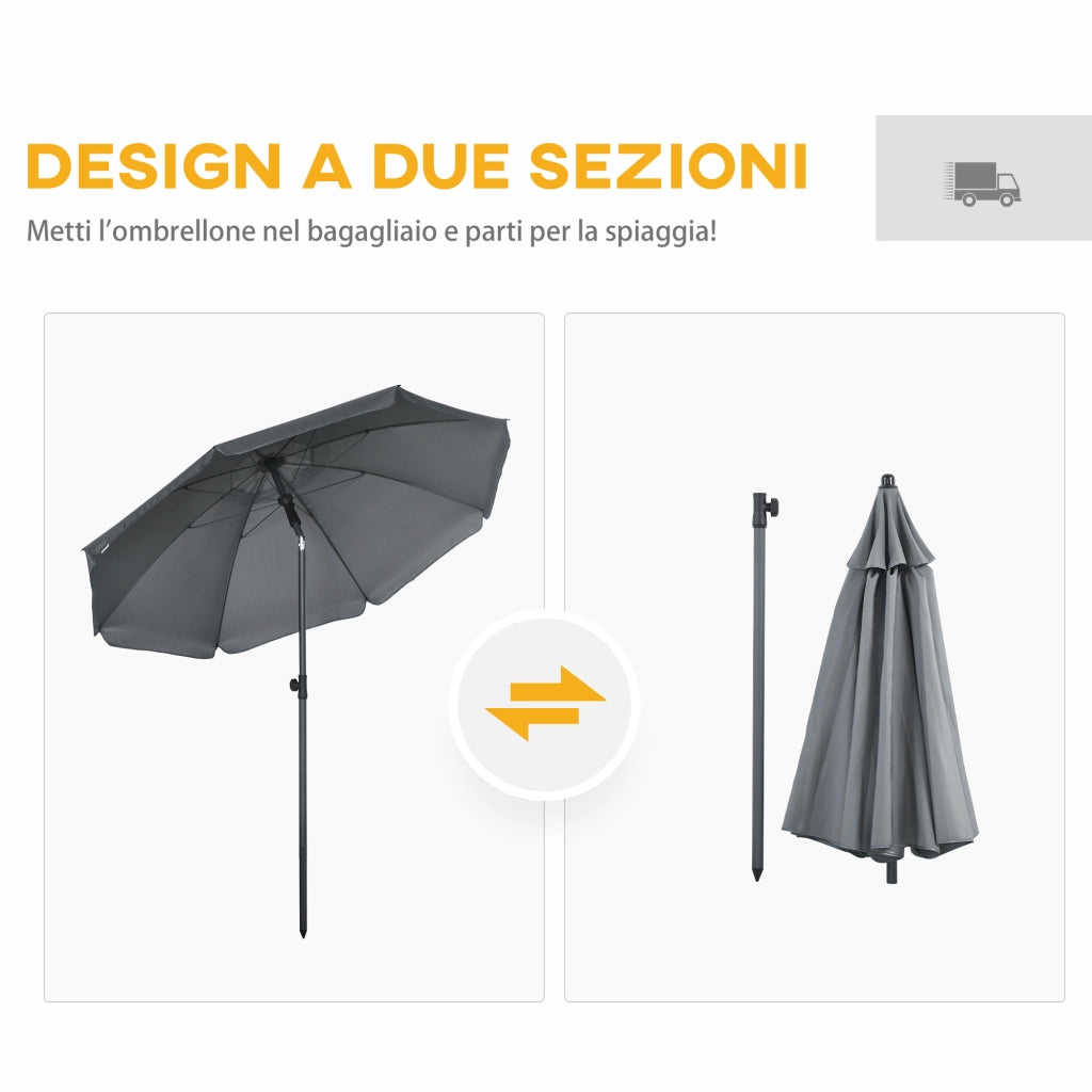 Ombrellone da Spiaggia 180x200cm ¨C Xylo ¨C Poliestere e Acciaio 8 Stecche Reclinabile 45¡ã Grigio