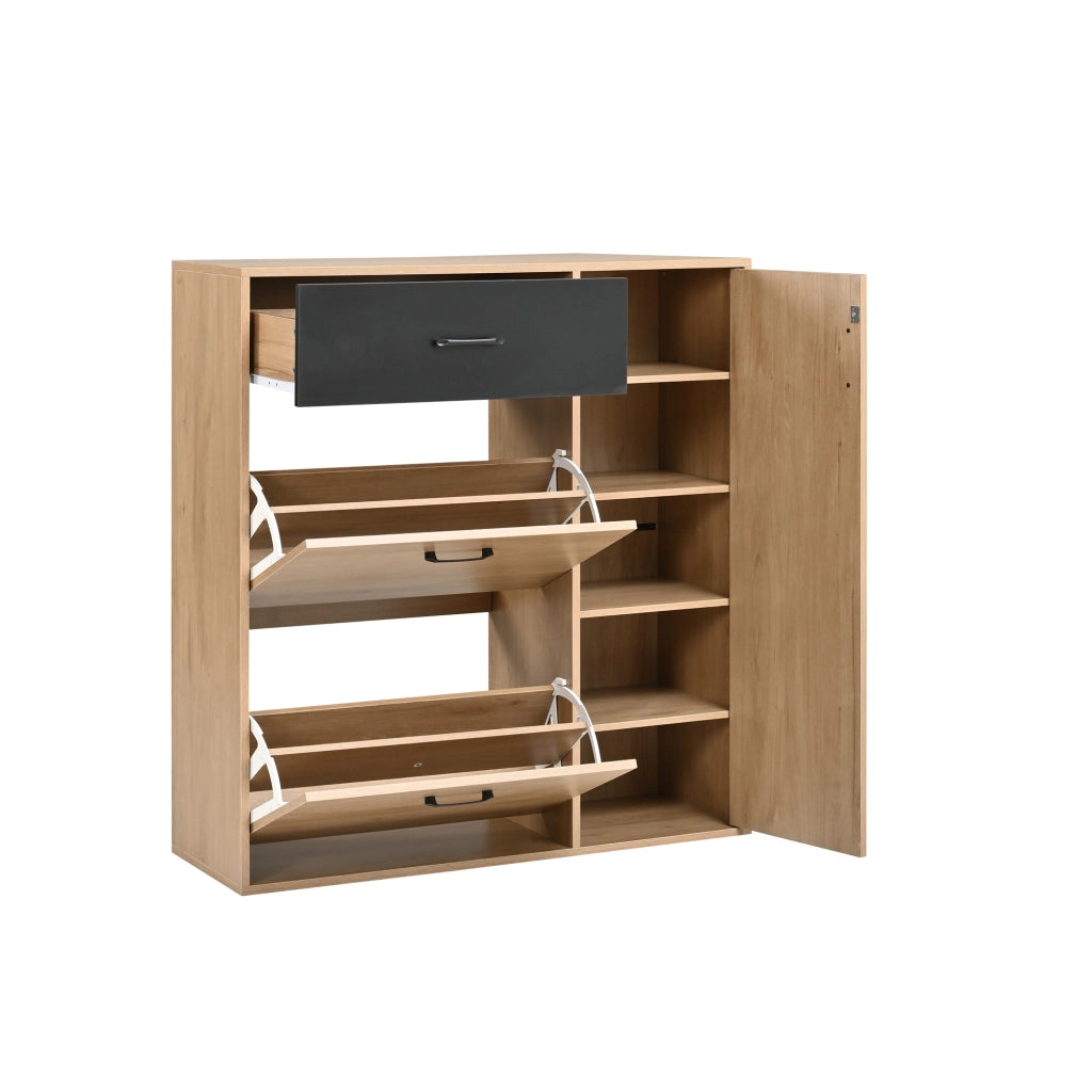 Scarpiera, mobile da ingresso, scarpiere a ribalta, con cassetti, 100 x 35 x 106 cm, color legno naturale e nero