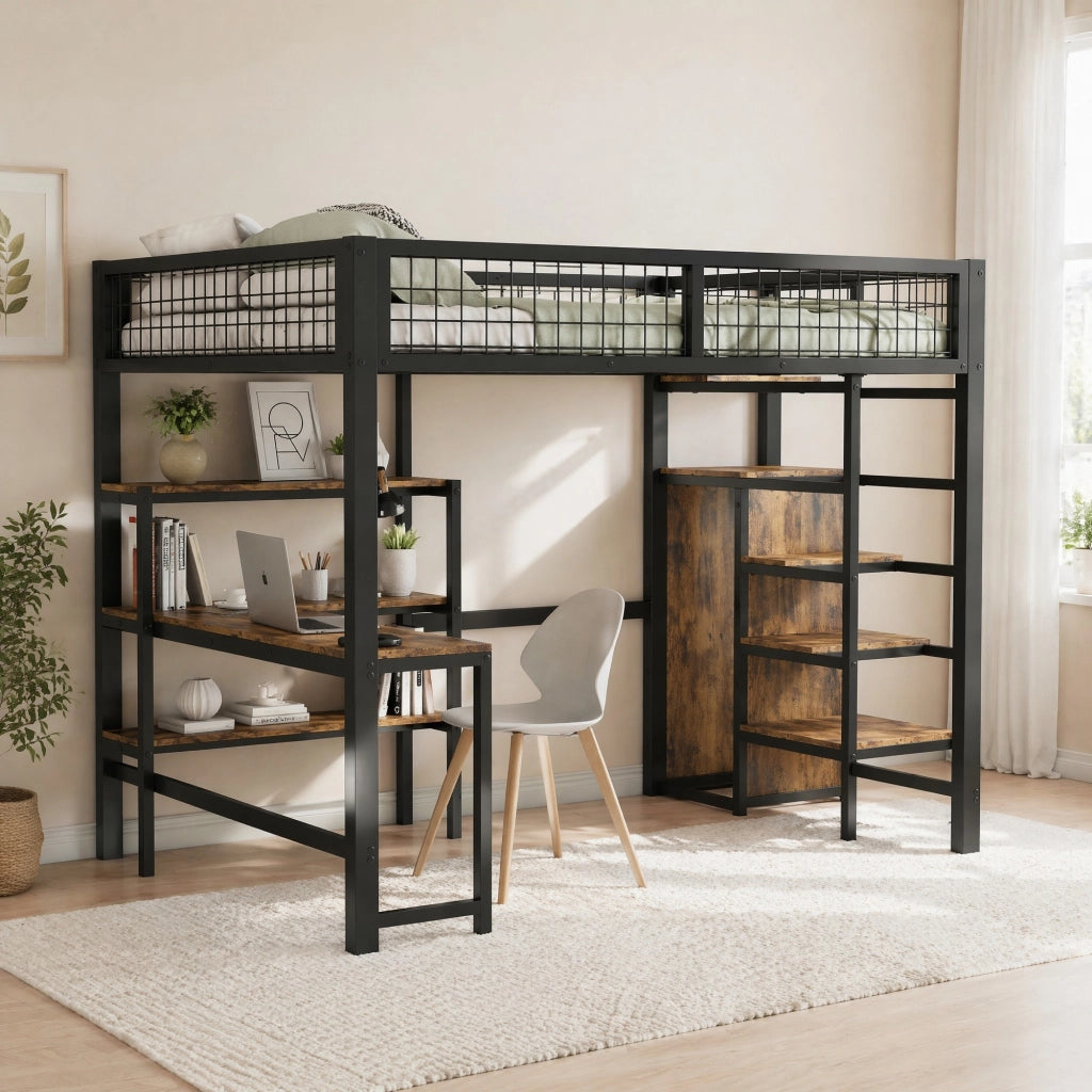 Letto a soppalco 140x200 cm con scrivania, ripiani e armadio integrati