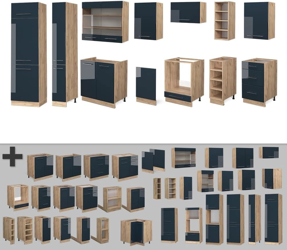 cucina componibile Fame-Line, Blu scuro lucido/rovere dorato, 355 cm senza piano di lavoro