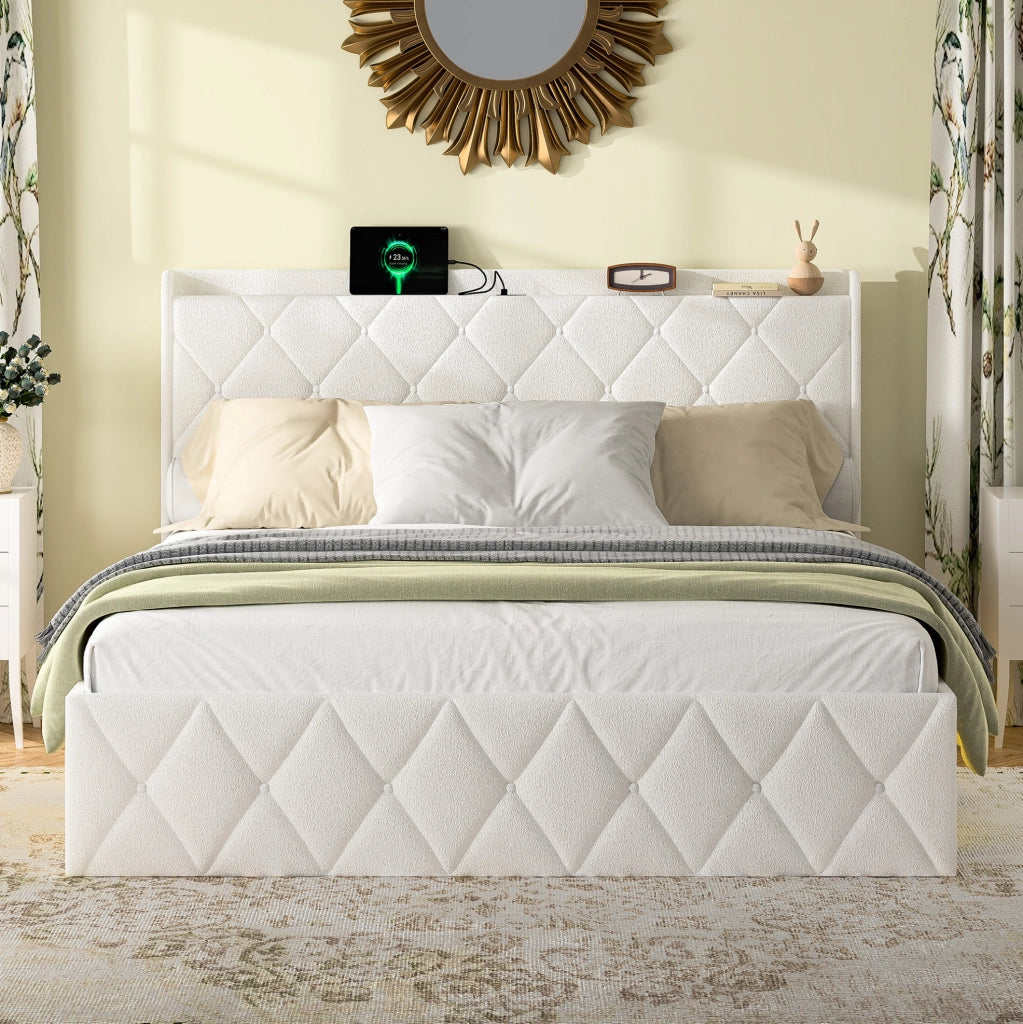 Letto matrimoniale 140x200 cm Teddy bianco con LED e USB