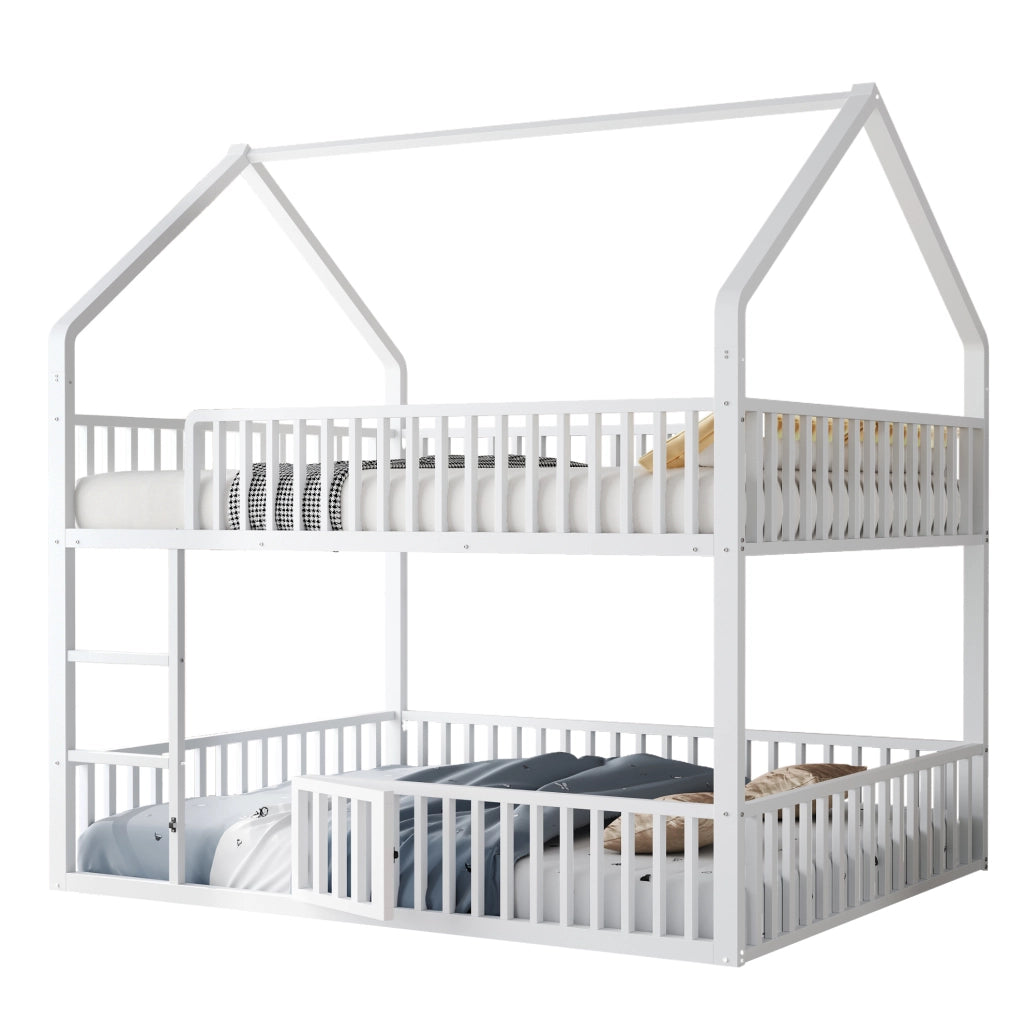 Letto a castello in metallo 140x200 cm; bianco; con struttura a casetta e scala frontale