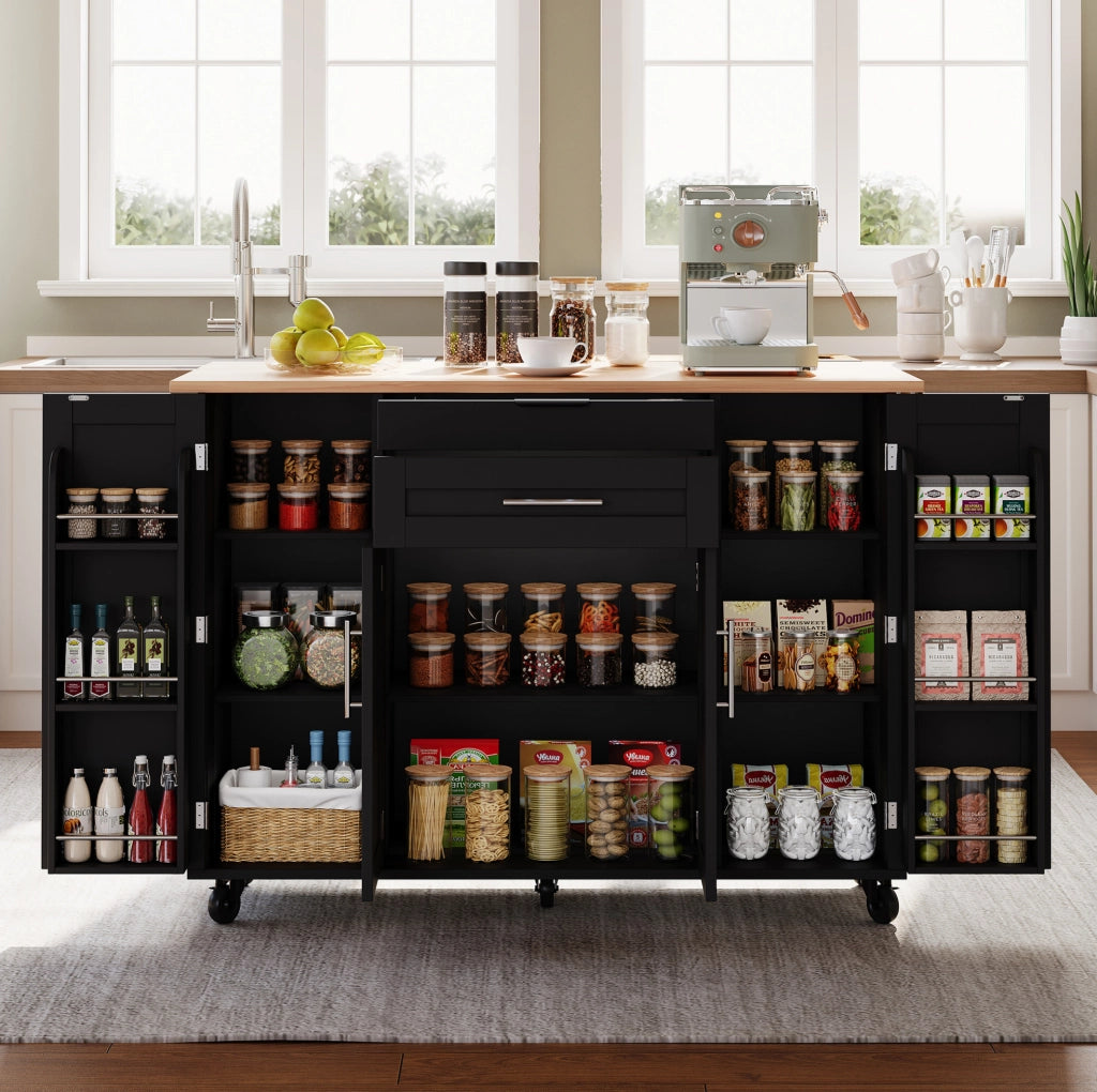 Isola da cucina con piano estraibile 136x70x92 cm in MDF nero e naturale