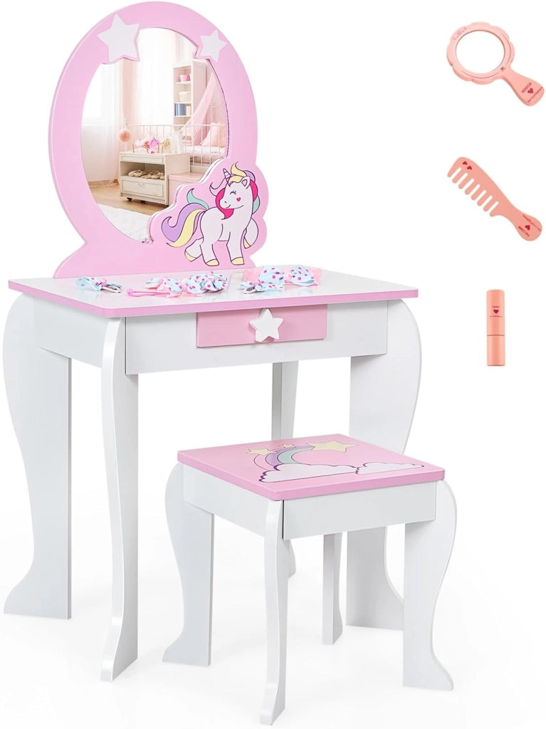 Set Toeletta per Ragazza, Toeletta Trucco per Bambini con Sgabello, Specchio Staccabile e Cassetto, Postazione Trucco in Legno per Cameretta 49.5 x 35.5 x 89cm (Rosa)
