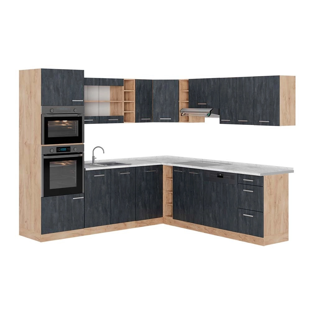 Cucina angolare completa R-Line Calce nera/Rovere dorato 247 x 237 cm PL Marmo Vicco