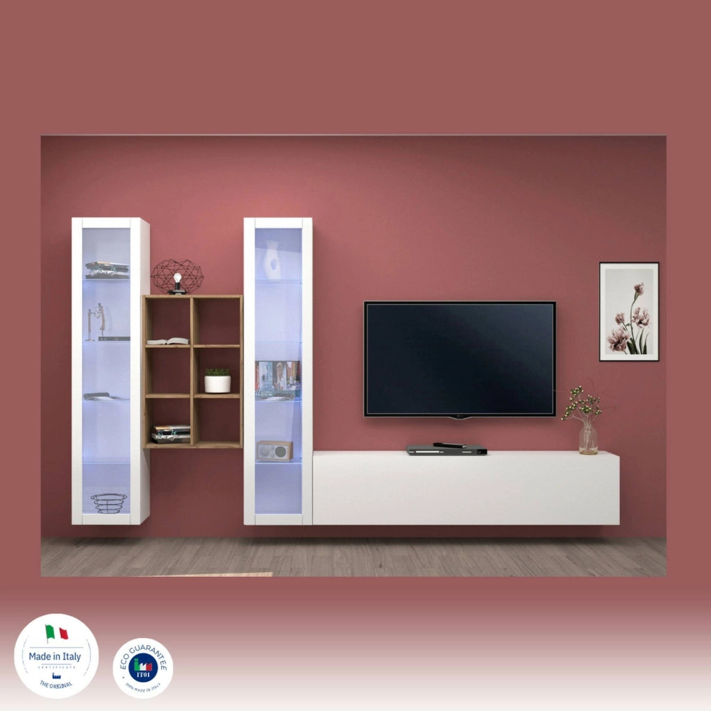 Mobile Soggiorno Lome, Parete Attrezzata 15 Ripiani Made in Italy, 320x30x180h cm Bianco Lucido