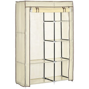 Armadio pieghevole in tessuto color crema con 2 aste appendiabiti e 6 scomparti, ideale per camera da letto e corridoio.