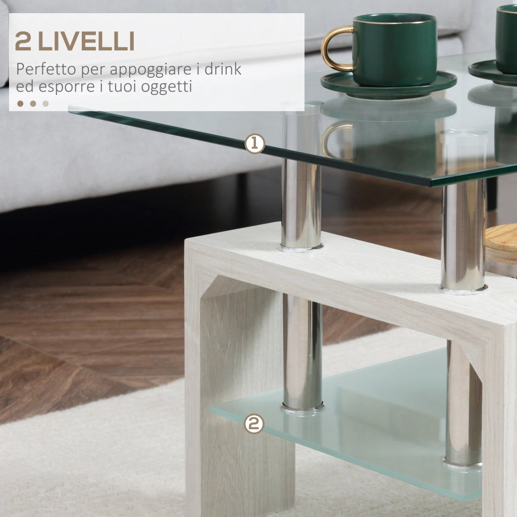 EasyComfort Tavolino da Caffè Moderno a 2 Livelli in Vetro e Legno, 90x50x42cm, Bianco