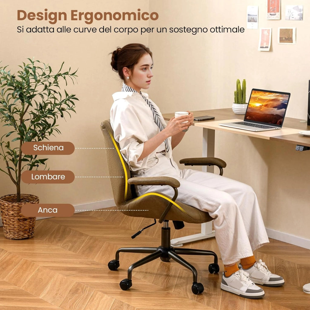 Sedia da Ufficio, Sedia Girevole per Scrivania con Ruote, Braccioli Imbottiti, Poltrona Direzionale Ergonomica Regolabile in Altezza, Portata 150 kg