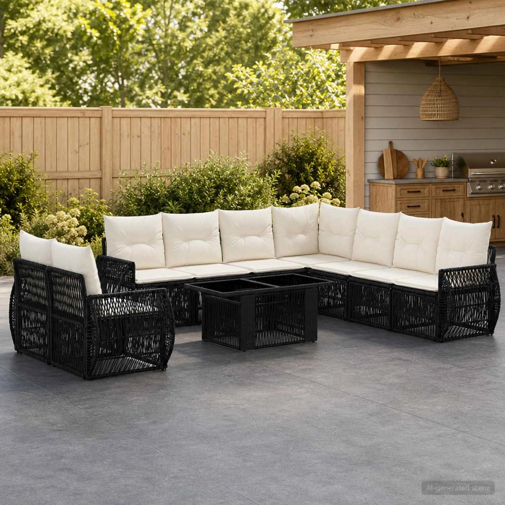 Set Divano da Giardino 10 pz Nero e Bianco Crema polyrattan 3436963
