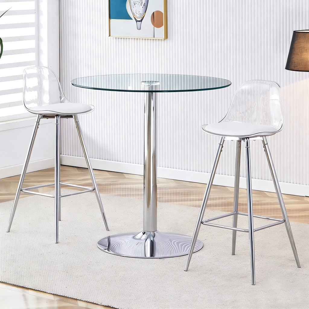 Tavolo rotondo in vetro trasparente con 2 sgabelli alti, base in metallo, stile moderno, per cucina, bar e uffici, 89 cm