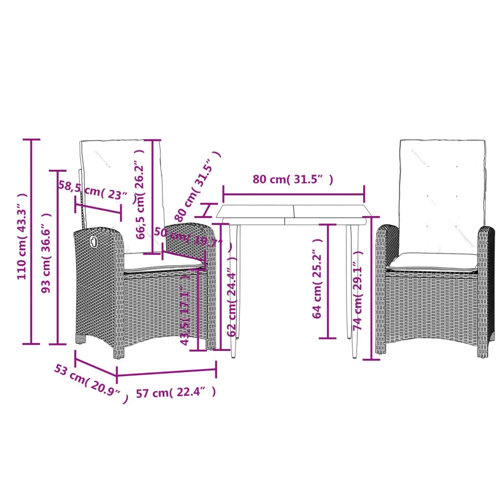 Set da Pranzo da Giardino 3pz | Set Salotto da Giardino con Cuscini in Polyrattan Marrone