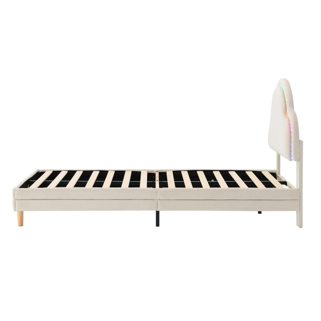 Letto Singolo 90 x 200 cm - LED Multicolore e Testiera Imbottita a Nuvola - Velluto - Beige