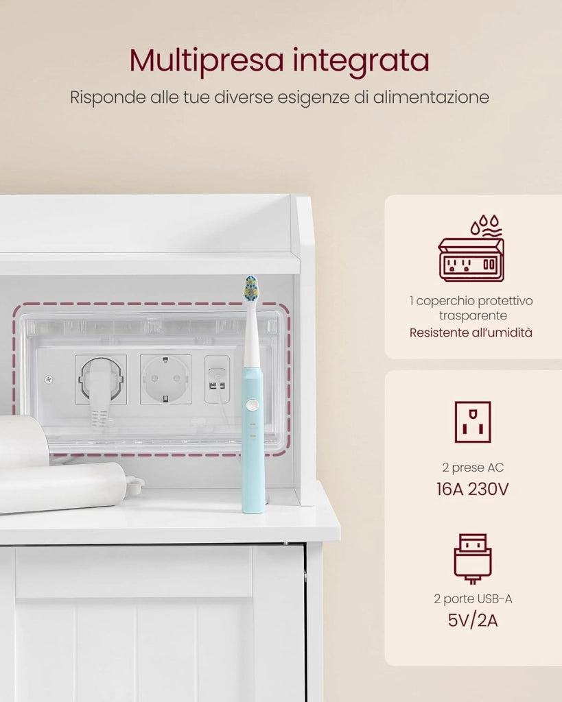 VASAGLE 100 cm di Altezza Mobile Bagno, Mobiletto Bagno con Multipresa, 3 Cassetti, 1 Anta, 2 Ripiani Regolabili, Armadietto per Sala da Pranzo, Cucina, Soggiorno, Bianco Nuvola BBC775W03