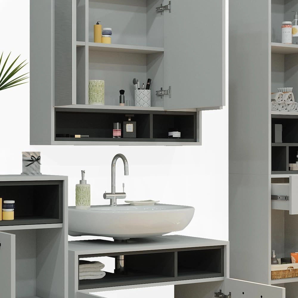 Set di mobili da bagno Beatrice, Grigio, 80 cm, composto da mobile lavabo, pensile a specchio, colonna e base media