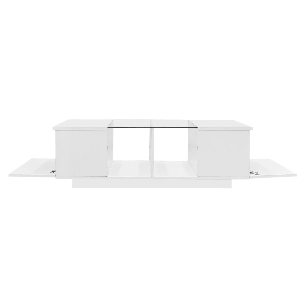 Tavolino da salotto 120x50x38.5 cm con LED e ante laterali; bianco