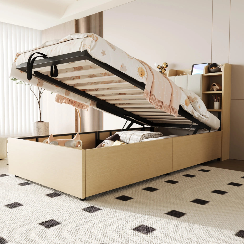 LETTO Contenitore Idraulico 90x200 cm MDF Colore Legno Naturale con USB e USB-C