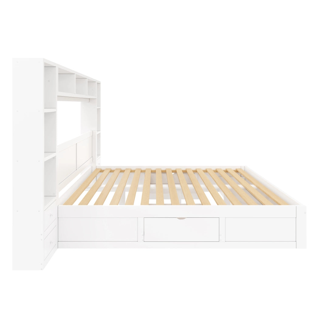 Letto contenitore 140x200 bianco con 7 cassetti; testiera libreria e luce LED