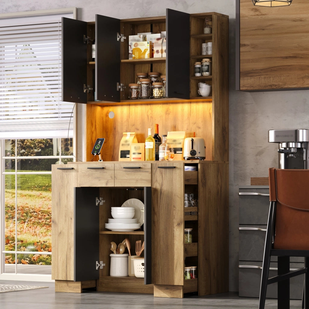 Credenza alta multifunzione con LED, prese e vani portaoggetti, 100 × 40 × 180 cm