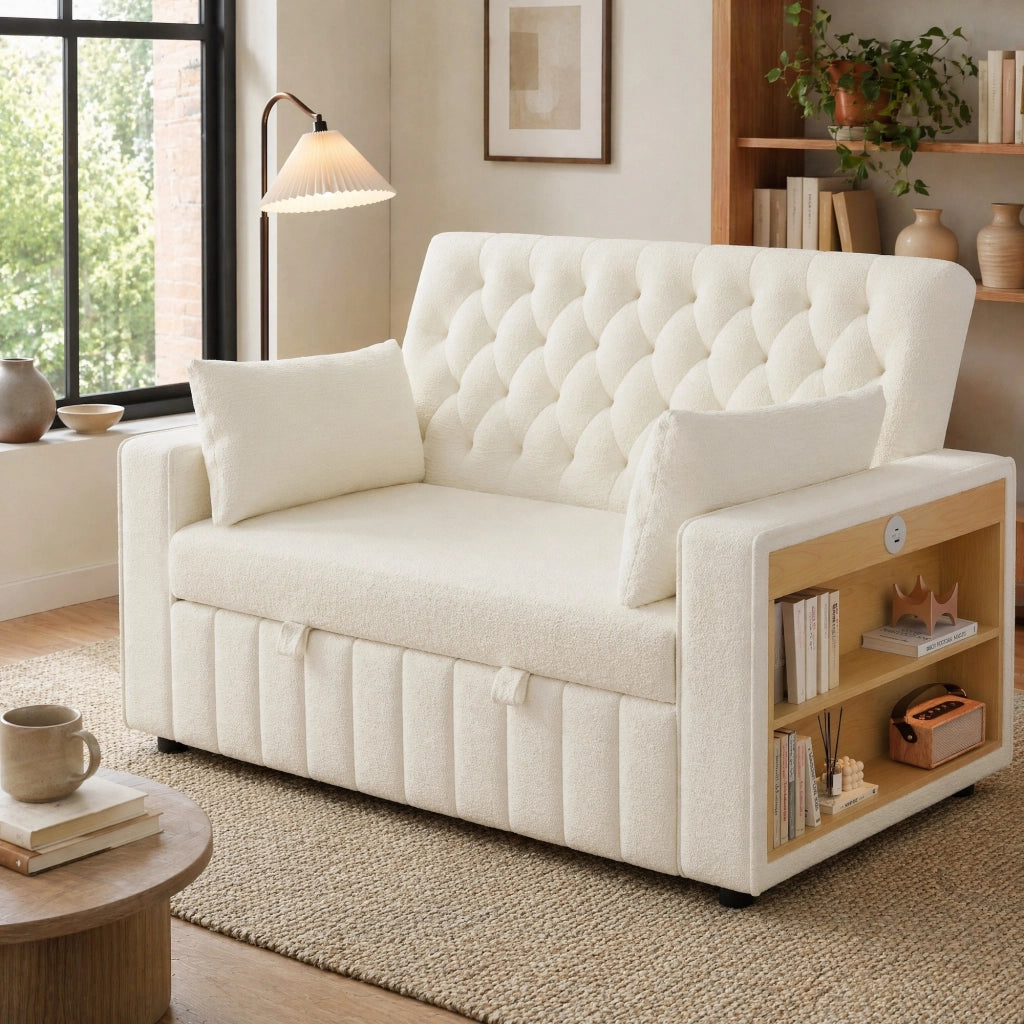 Divano letto multifunzione 2 posti con schienale regolabile; chenille beige 140 cm
