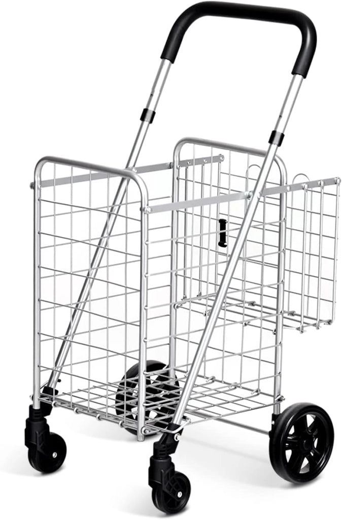 Carrello Portaspesa Pieghevole, Carrello Spesa con Ruote Girevoli a 360 °, Manico Regolabile, 2 Cesti, Capacità di Carico: 20 kg, 58L, 43 x 52 x 89-95 cm (Argento)