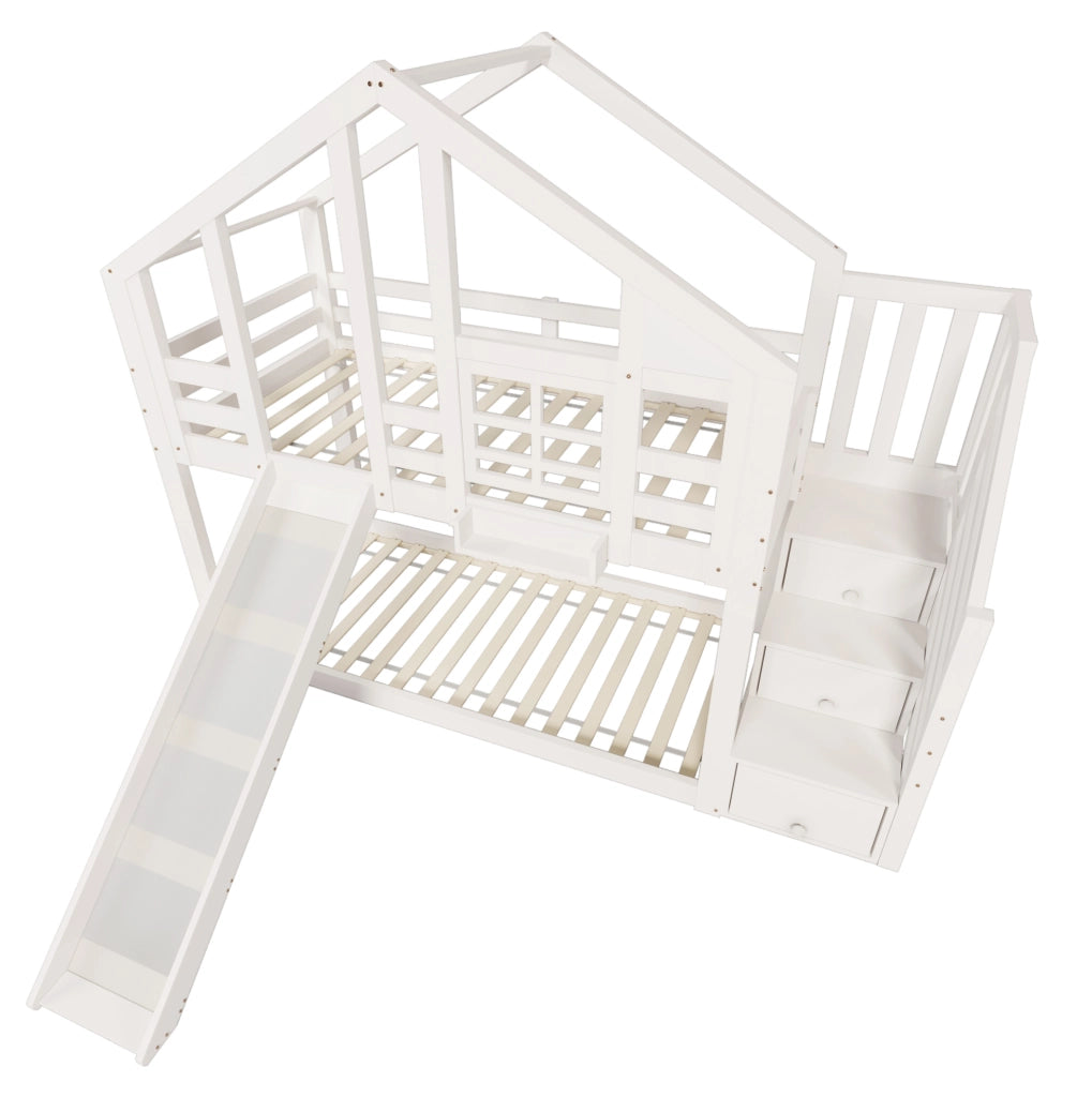 Letto a castello a casetta 90x200 cm con scivolo e scale contenitore; bianco