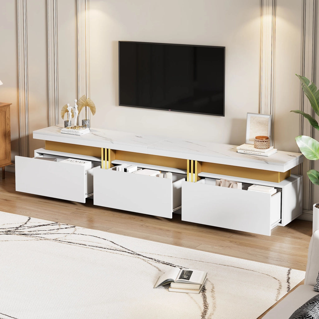 Mobile TV con 3 Cassetti e Passacavi; Piano Effetto Marmo; Stile Moderno; in Pannello Truciolare; 200??40??42 cm; Bianco
