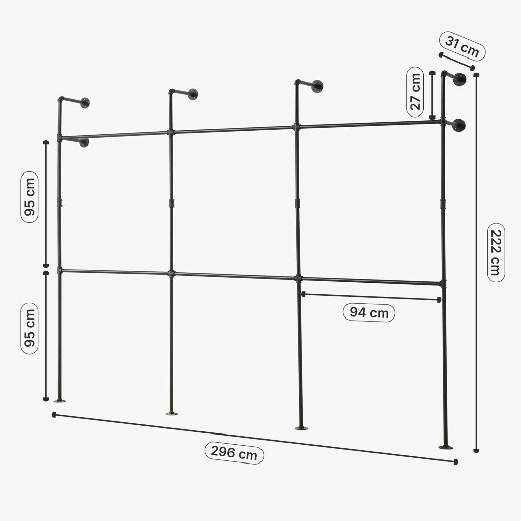 Stand Appendiabiti Kenävatka da Parete in Acciaio con Barra Porta Abiti 222x296x31 cm - Nero [en.casa]